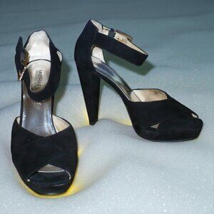 MICHAEL Michael Kors Genuine Suede 4” Platform Sandals Cone Heel Black – SZ 10M